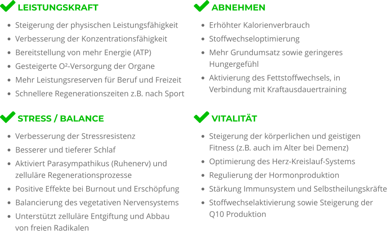 LEISTUNGSKRAFT •	Steigerung der physischen Leistungsfähigkeit  •	Verbesserung der Konzentrationsfähigkeit •	Bereitstellung von mehr Energie (ATP) •	Gesteigerte O²-Versorgung der Organe •	Mehr Leistungsreserven für Beruf und Freizeit  •	Schnellere Regenerationszeiten z.B. nach Sport  STRESS / BALANCE •	Verbesserung der Stressresistenz •	Besserer und tieferer Schlaf •	Aktiviert Parasympathikus (Ruhenerv) und zelluläre Regenerationsprozesse •	Positive Effekte bei Burnout und Erschöpfung •	Balancierung des vegetativen Nervensystems •	Unterstützt zelluläre Entgiftung und Abbau von freien Radikalen   ABNEHMEN  •	Erhöhter Kalorienverbrauch  •	Stoffwechseloptimierung •	Mehr Grundumsatz sowie geringeres Hungergefühl •	Aktivierung des Fettstoffwechsels, in Verbindung mit Kraftausdauertraining  VITALITÄT  •	Steigerung der körperlichen und geistigen   Fitness (z.B. auch im Alter bei Demenz)  •	Optimierung des Herz-Kreislauf-Systems •	Regulierung der Hormonproduktion •	Stärkung Immunsystem und Selbstheilungskräfte •	Stoffwechselaktivierung sowie Steigerung der Q10 Produktion