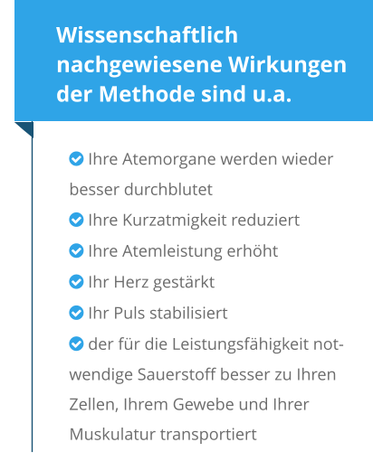 Wissenschaftlich nachgewiesene Wirkungen der Methode sind u.a.  Ihre Atemorgane werden wieder besser durchblutet  Ihre Kurzatmigkeit reduziert  Ihre Atemleistung erhöht  Ihr Herz gestärkt  Ihr Puls stabilisiert  der für die Leistungsfähigkeit notwendige Sauerstoff besser zu Ihren Zellen, Ihrem Gewebe und Ihrer Muskulatur transportiert